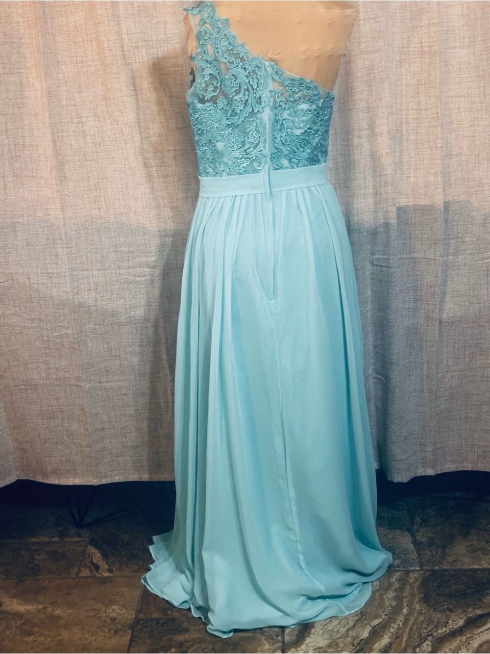 One-Shoulder Lace Bodice Chiffon Maxi Dress - Aqua Blue - Picture 5 of 9